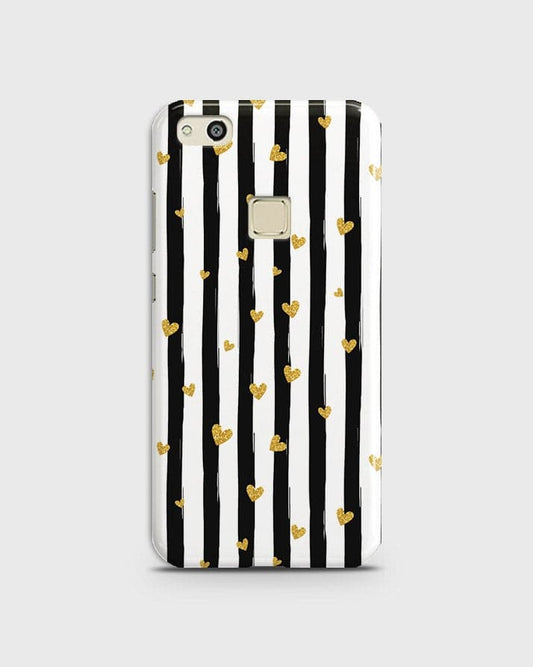 Huawei P10 Lite - Trendy Black & White Lining With Golden Hearts Printed Hard Case With Life Time Colors Guarantee