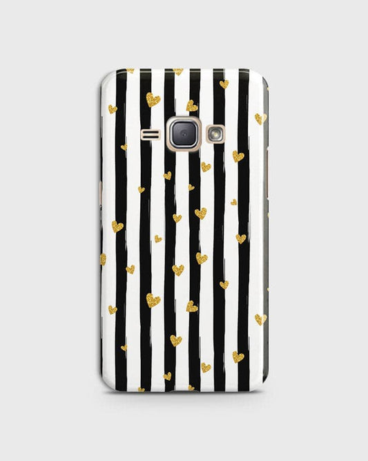 Samsung Galaxy J1 2016 / J120 - Trendy Black & White Lining With Golden Hearts Printed Hard Case With Life Time Colors Guarantee