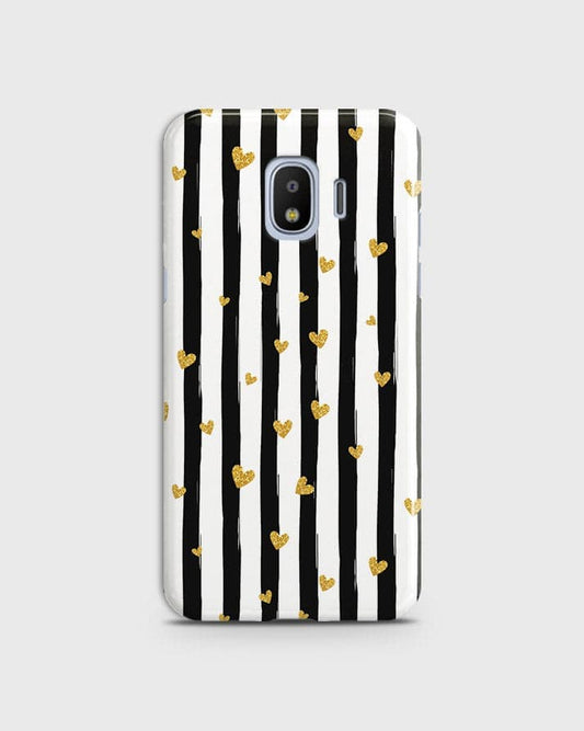 Samsung Galaxy J4 - Trendy Black & White Lining With Golden Hearts Printed Hard Case With Life Time Colors Guarantee