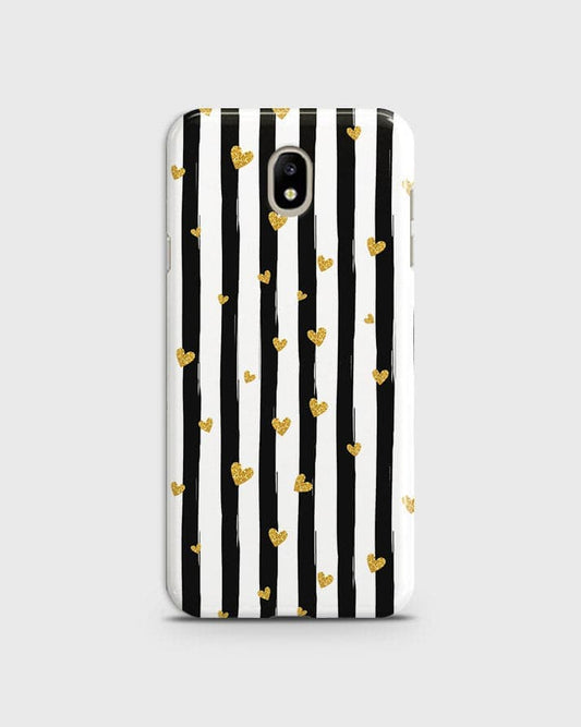 Samsung Galaxy J7 2018 - Trendy Black & White Lining With Golden Hearts Printed Hard Case With Life Time Colors Guarantee