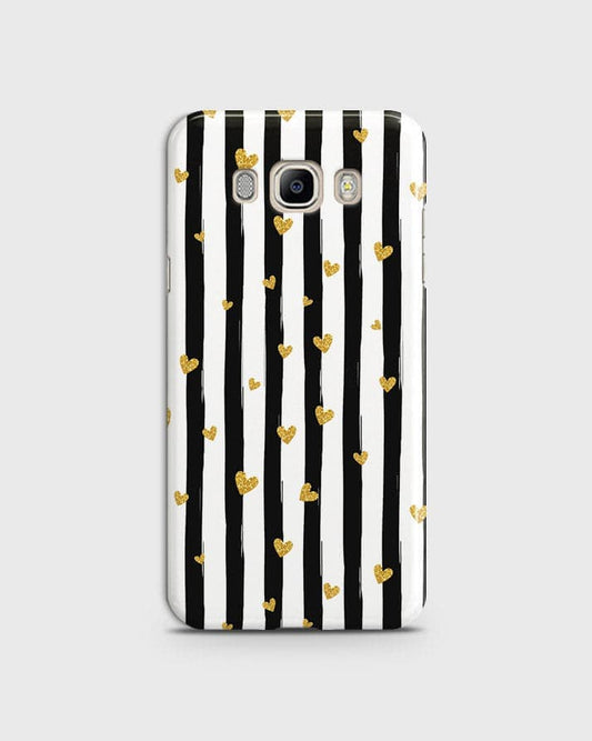 Samsung Galaxy J710 - Trendy Black & White Lining With Golden Hearts Printed Hard Case With Life Time Colors Guarantee