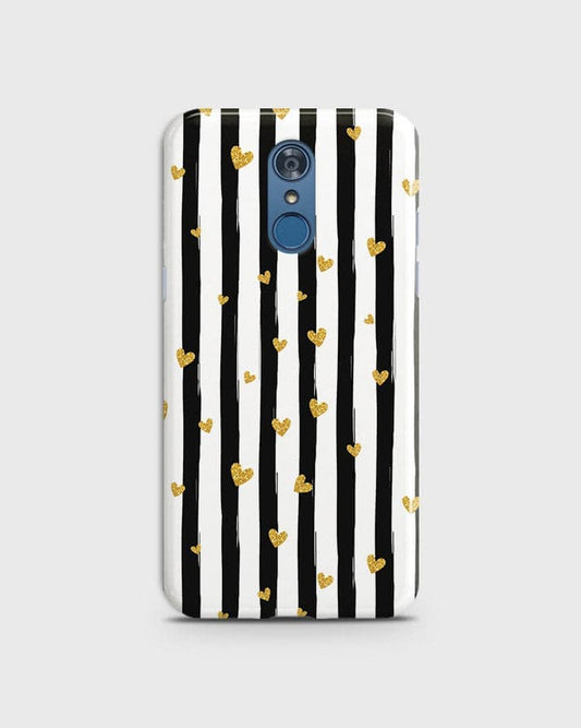 LG Q7 - Trendy Black & White Lining  With Golden Hearts Printed Hard Case With Life Time Colors Guarantee
