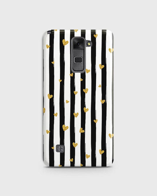 LG Stylus 2 - Trendy Black & White Lining With Golden Hearts Printed Hard Case With Life Time Colors Guarantee