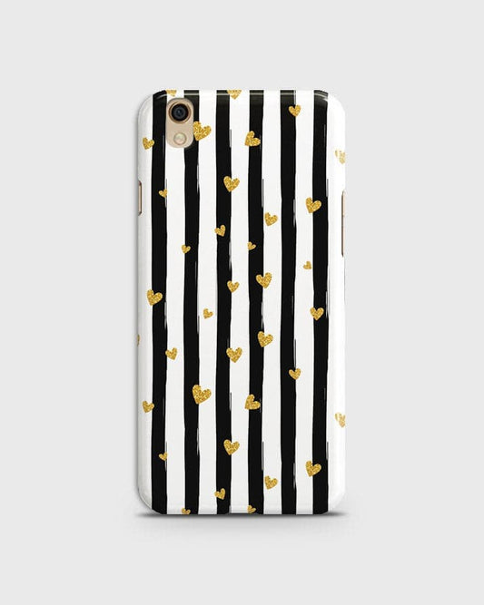 Oppo A37 - Trendy Black & White Lining With Golden Hearts Printed Hard Case With Life Time Colors Guarantee