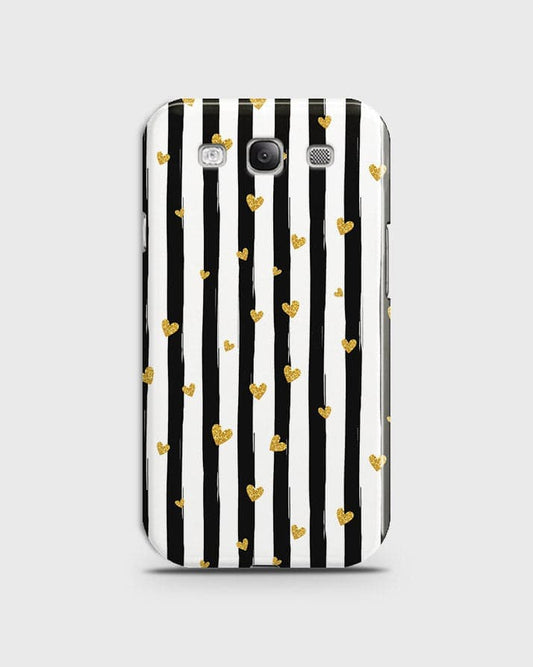 Samsung Galaxy S3 - Trendy Black & White Lining With Golden Hearts Printed Hard Case With Life Time Colors Guarantee