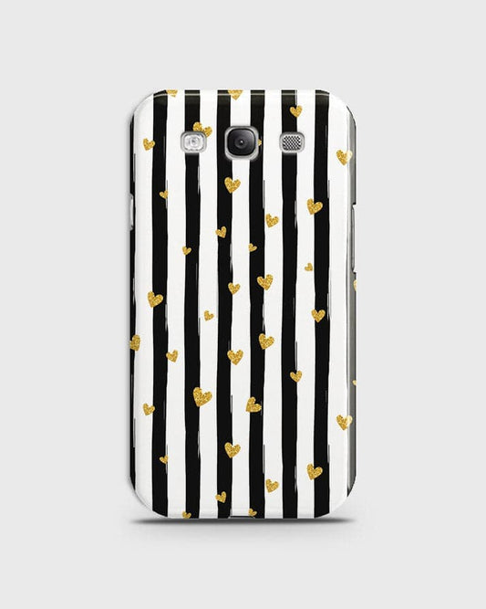 Samsung Galaxy S3 - Trendy Black & White Lining With Golden Hearts Printed Hard Case With Life Time Colors Guarantee