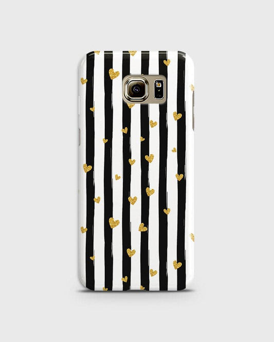 Samsung Galaxy S6 Edge - Trendy Black & White Lining With Golden Hearts Printed Hard Case With Life Time Colors Guarantee ( Fast Delivery )