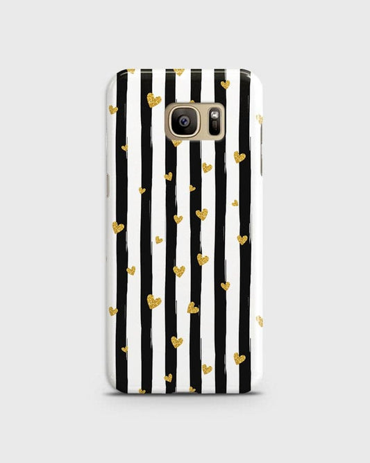 Samsung Galaxy S7 - Trendy Black & White Lining With Golden Hearts Printed Hard Case With Life Time Colors Guarantee