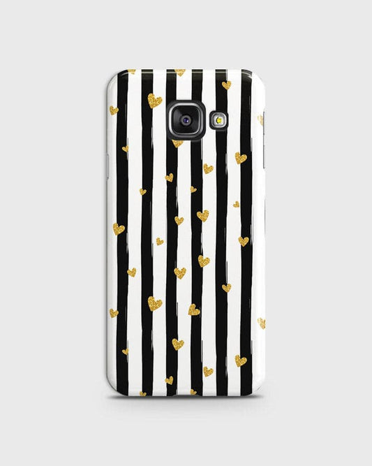Samsung A310 - Trendy Black & White Lining With Golden Hearts Printed Hard Case With Life Time Colors Guarantee