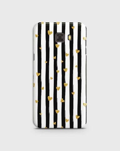 Samsung C7 - Trendy Black & White Lining With Golden Hearts Printed Hard Case With Life Time Colors Guarantee