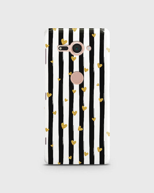 Sony Xperia XZ2 Compact - Trendy Black & White Lining With Golden Hearts Printed Hard Case With Life Time Colors Guarantee ( Fast Delivery )