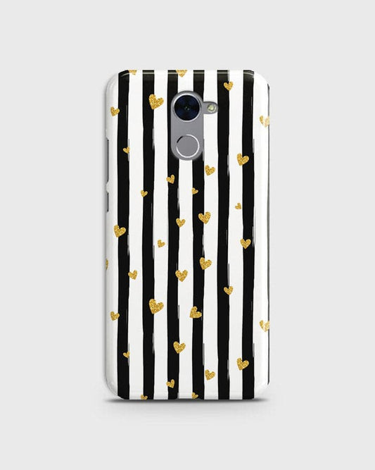 Huawei Y7 Prime 2017 - Trendy Black & White Lining With Golden Hearts Printed Hard Case With Life Time Colors Guarantee