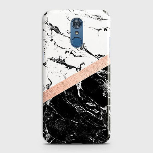 LG Q7 Cover - Black & White Marble With Chic RoseGold Strip Case with Life Time Colors Guarantee