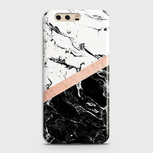 Huawei P10 Cover - Black & White Marble With Chic RoseGold Strip Case with Life Time Colors Guarantee