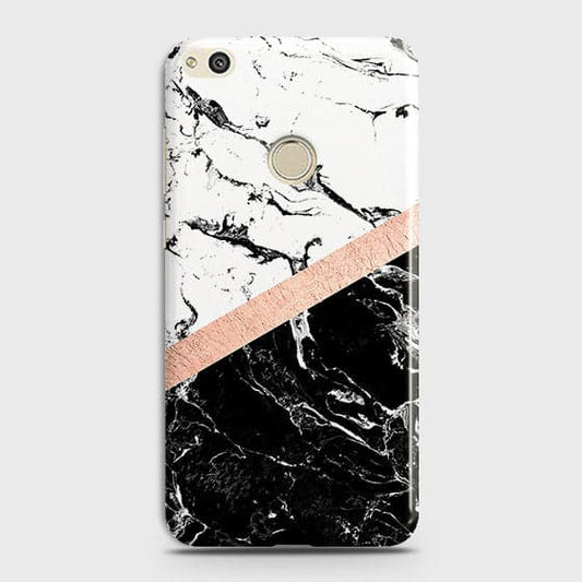 Huawei Honor 8 Lite Cover - Black & White Marble With Chic RoseGold Strip Case with Life Time Colors Guarantee