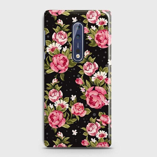 Nokia 8 Cover - Trendy Pink Rose Vintage Flowers Printed Hard Case with Life Time Colors Guarantee