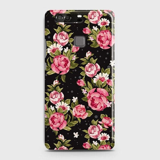 Huawei P9 Cover - Trendy Pink Rose Vintage Flowers Printed Hard Case with Life Time Colors Guarantee