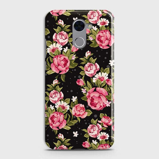 Huawei Y7 Prime 2017 Cover - Trendy Pink Rose Vintage Flowers Printed Hard Case with Life Time Colors Guarantee ( Fast Delivery )