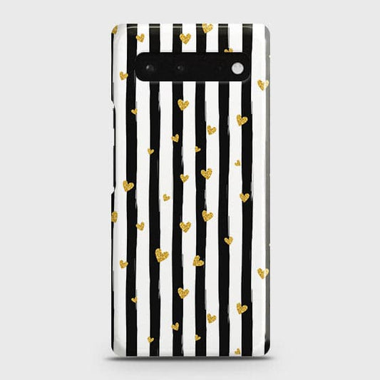 Google Pixel 6 Cover - Trendy Black & White Lining With Golden Hearts Printed Hard Case with Life Time Colors Guarantee