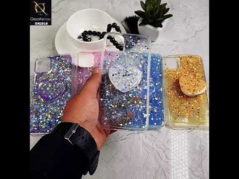 Oppo F17 Pro Cover - Yellow - Shiny Fancy Glitter Case with Heart Mobile Holder - Glitter Does Not Move