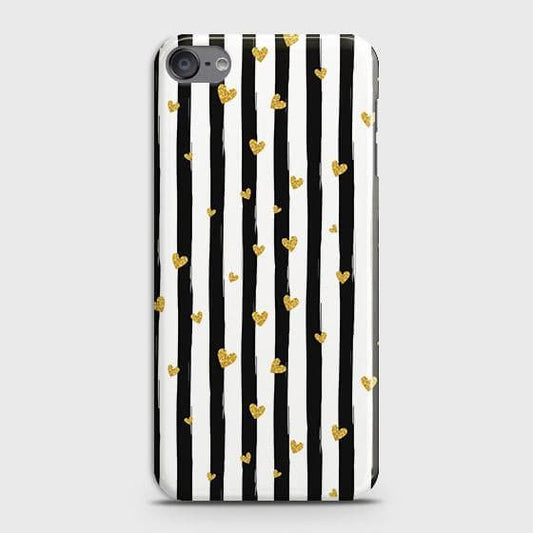 iPod Touch 7 Cover - Trendy Black & White Lining With Golden Hearts Printed Hard Case with Life Time Colors Guarantee