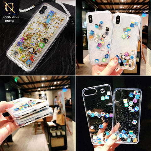 Oppo A72 Cover - Silver - Floating Liquid Bling Glitter Icons Soft Borders Protective Case