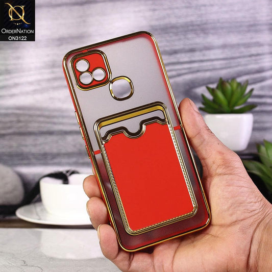Infinix Hot 10i Cover - Red - Semi Transparent Golden Electroplated Soft Border Camera Protection Case With Card Holder