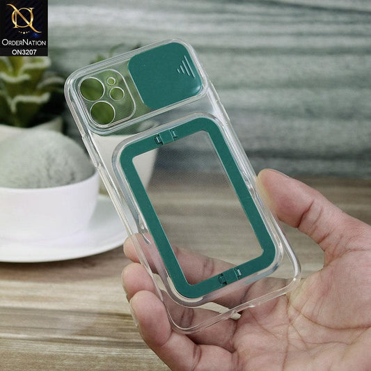 iPhone 11 Cover - Green - Grip Stand Holder Camera Protection Soft Transparent Case