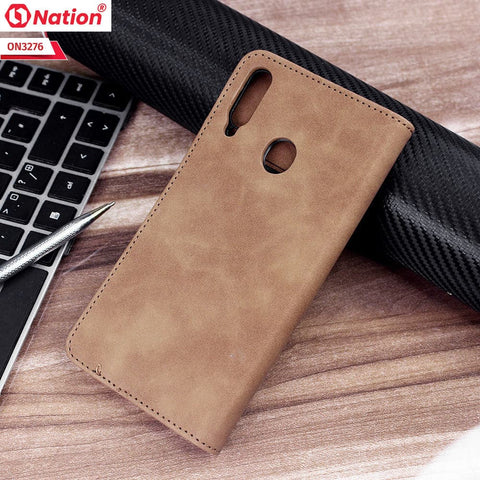 Samsung Galaxy A20s Cover - Light Brown - ONation Business Flip Series - Premium Magnetic Leather Wallet Flip book Card Slots Soft Case