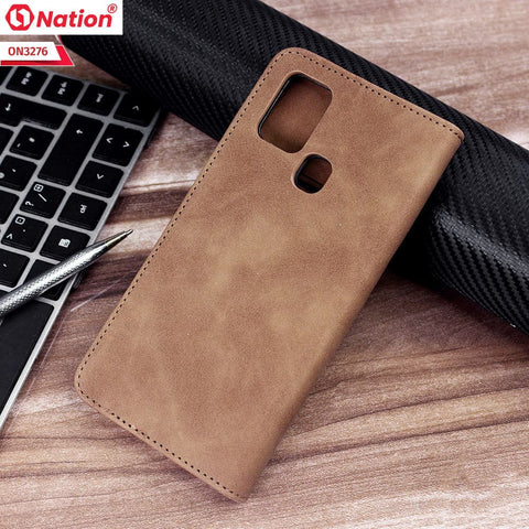 Samsung Galaxy A21s Cover - Light Brown - ONation Business Flip Series - Premium Magnetic Leather Wallet Flip book Card Slots Soft Case