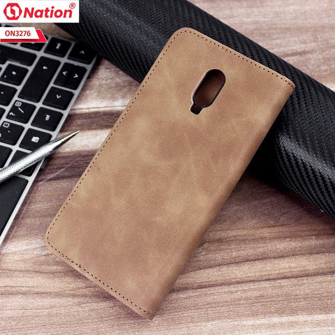 OnePlus 6T Cover - Light Brown - ONation Business Flip Series - Premium Magnetic Leather Wallet Flip book Card Slots Soft Case