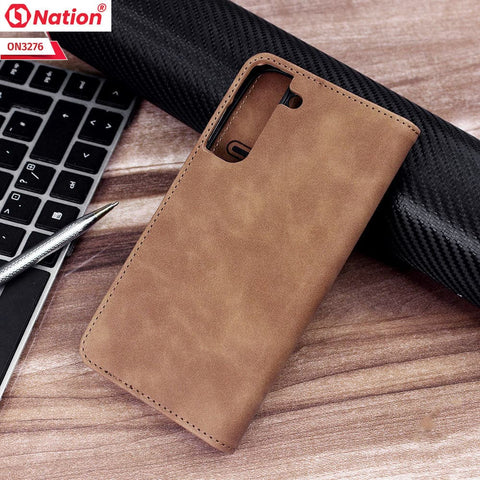 Samsung Galaxy S21 FE 5G Cover - Light Brown - ONation Business Flip Series - Premium Magnetic Leather Wallet Flip book Card Slots Soft Case - ( Stylus Pen Will Not Work Besause Of Magnet)