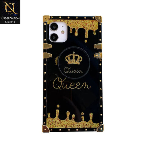 Oppo F17 Pro Cover - Black - Golden Electroplated Luxury Square Soft TPU Protective Case with Holder