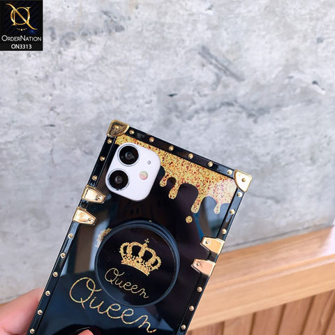 iPhone 13 Mini Cover - Black - Golden Electroplated Luxury Square Soft TPU Protective Case with Holder