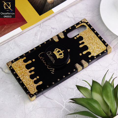 Samsung Galaxy A30s Cover - Black - Golden Electroplated Luxury Square Soft TPU Protective Case with Popsocket Holder