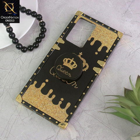Oppo A77s Cover - Black - Golden Electroplated Luxury Square Soft TPU Protective Case with Popsocket Holder