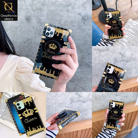 Infinix Note 7 Cover - Black - Golden Electroplated Luxury Square Soft TPU Protective Case with Popsocket Holder