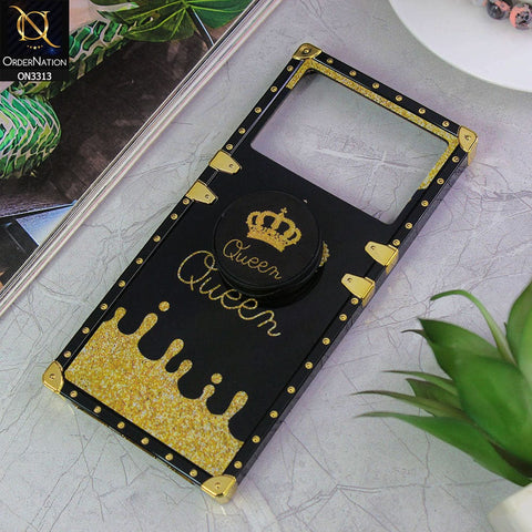 Infinix Note 12 VIP Cover - Black - Golden Electroplated Luxury Square Soft TPU Protective Case with Popsocket Holder
