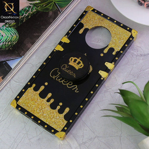 Infinix Note 7 Cover - Black - Golden Electroplated Luxury Square Soft TPU Protective Case with Popsocket Holder
