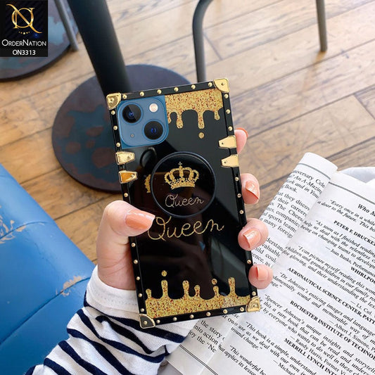 iPhone 14 Plus Cover - Black - Golden Electroplated Luxury Square Soft TPU Protective Case with Popsocket Holder