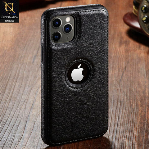 iPhone 11 Pro Cover - Black - Vintage Luxury Business Style TPU Leather Stitching Logo Hole Soft Case