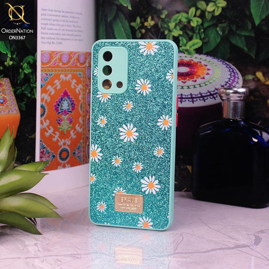 Oppo F19 Cover - Sea Green - Bling Sparkle Glitter Flower Back Shell Soft Border Case with Camera Protection