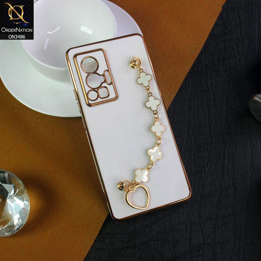 Vivo X70 Pro Cover  - White - Electroplated Edges Soft Silicone Flower Chain Finger Holder Case