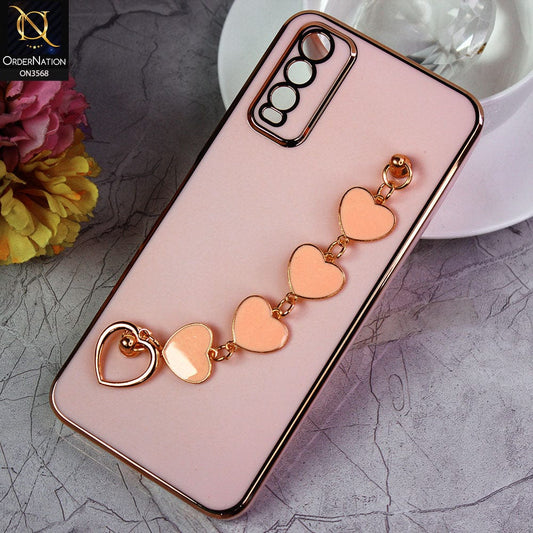 Vivo Y20 Cover - Pink - Electroplated Edges Soft Silicone Heart Chain Fingers Holder Case with Camera Protection