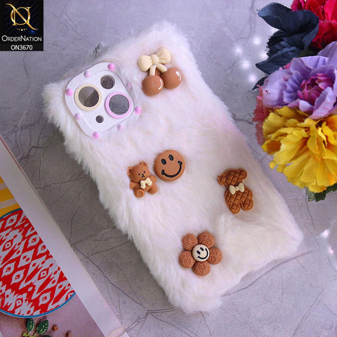 iPhone 14 Cover - White - New Trendy Plush Warm Fluffy Soft Borders Case with Camera Protection