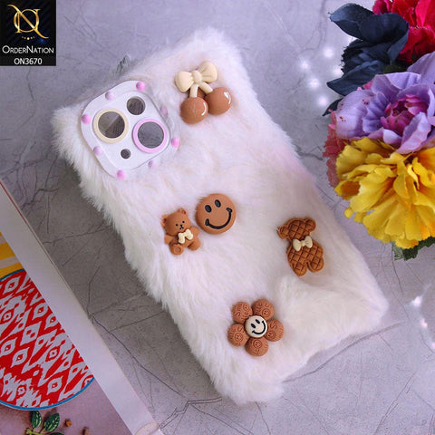 iPhone 14 Plus Cover - White - New Trendy Plush Warm Fluffy Soft Borders Case with Camera Protection