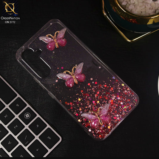Samsung Galaxy A14 Cover - Pink - Shiny Butterfly Glitter Bling Soft Case (Glitter does not move)