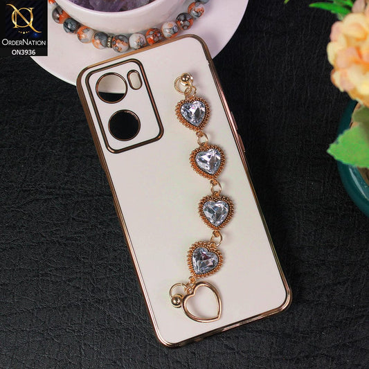 Oppo A57s Cover - White - New Electroplating Silk Shiny Camera Bumper Soft Case With Heart Chain Holder