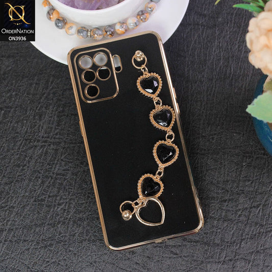 Oppo A94 Cover - Black - New Electroplating Silk Shiny Camera Bumper Soft Case With Heart Chain Holder