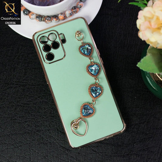 Oppo A94 Cover - Sea Green - New Electroplating Silk Shiny Camera Bumper Soft Case With Heart Chain Holder